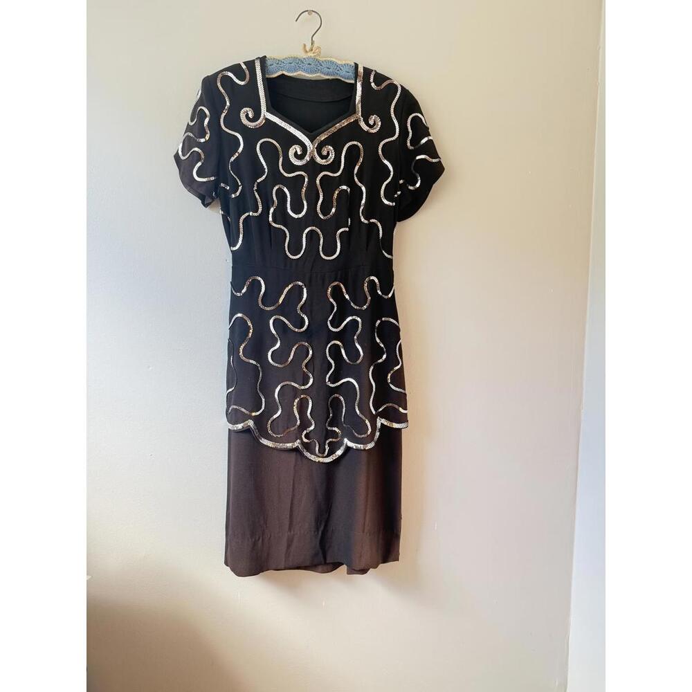 Vintage 1940s/1950s Silver Sequin Belted Layered Dress M-L